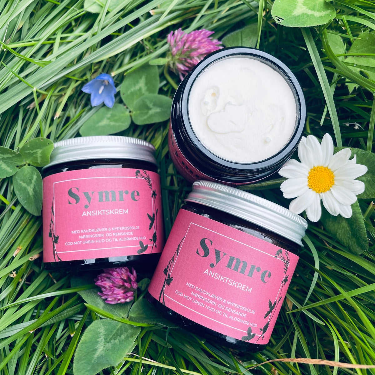Ansiktskrem med raudkløver, nyperoseolje og rosegeranium – til urein hud og aldrande hud - Symrehudkrem