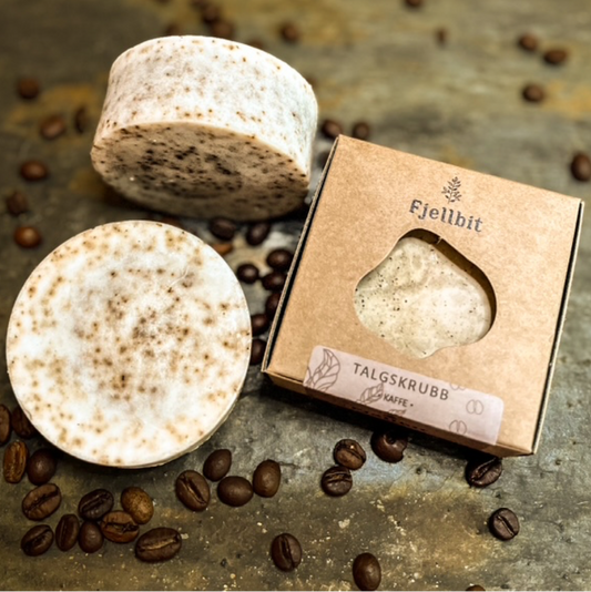 Fjellbit kaffiskrubb, heimelaga såpe med talg og kaffi